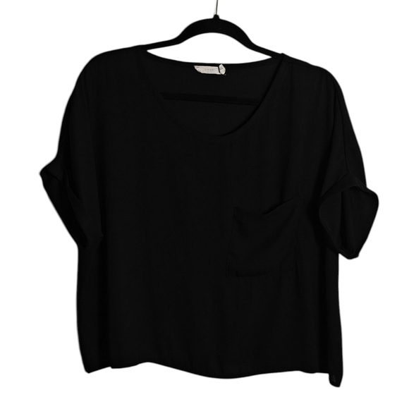 LUSH Round Neck Blouse With Front Lapel Pocket in Black Size Small - Picture 1 of 16